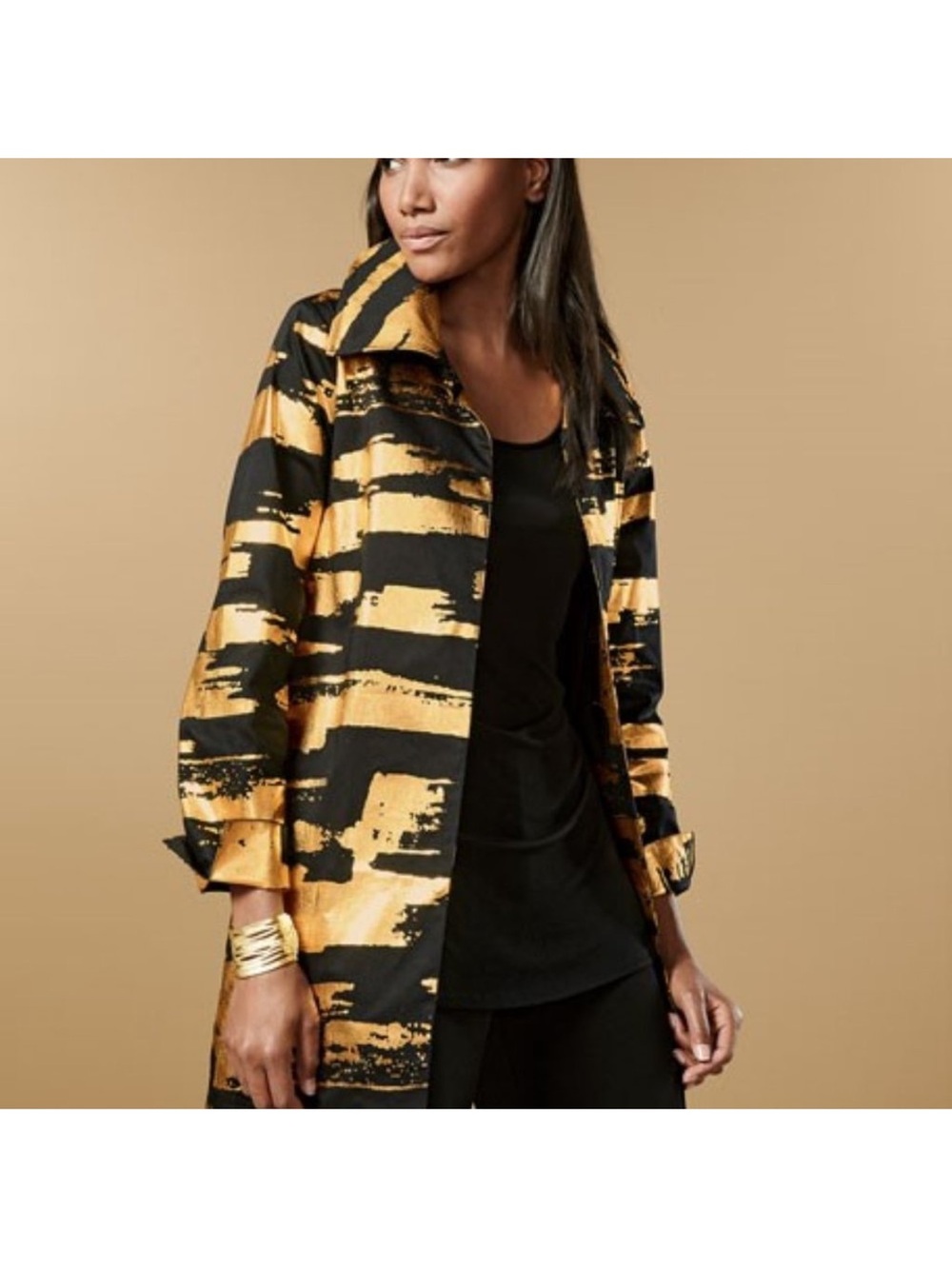 berek Black and Gold Brushstroke Trench Coat